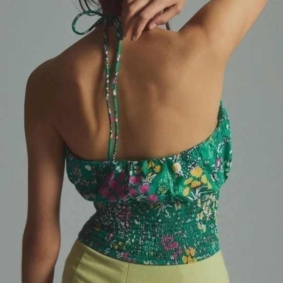 Maeve Anthropologie Green Floral Smocked Boho Halter Crop Top Size Medium - Picture 2 of 7